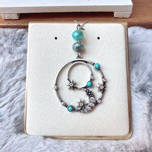 Antique Silver Celestial Moon and Star with Turquoise and Crystal Necklace